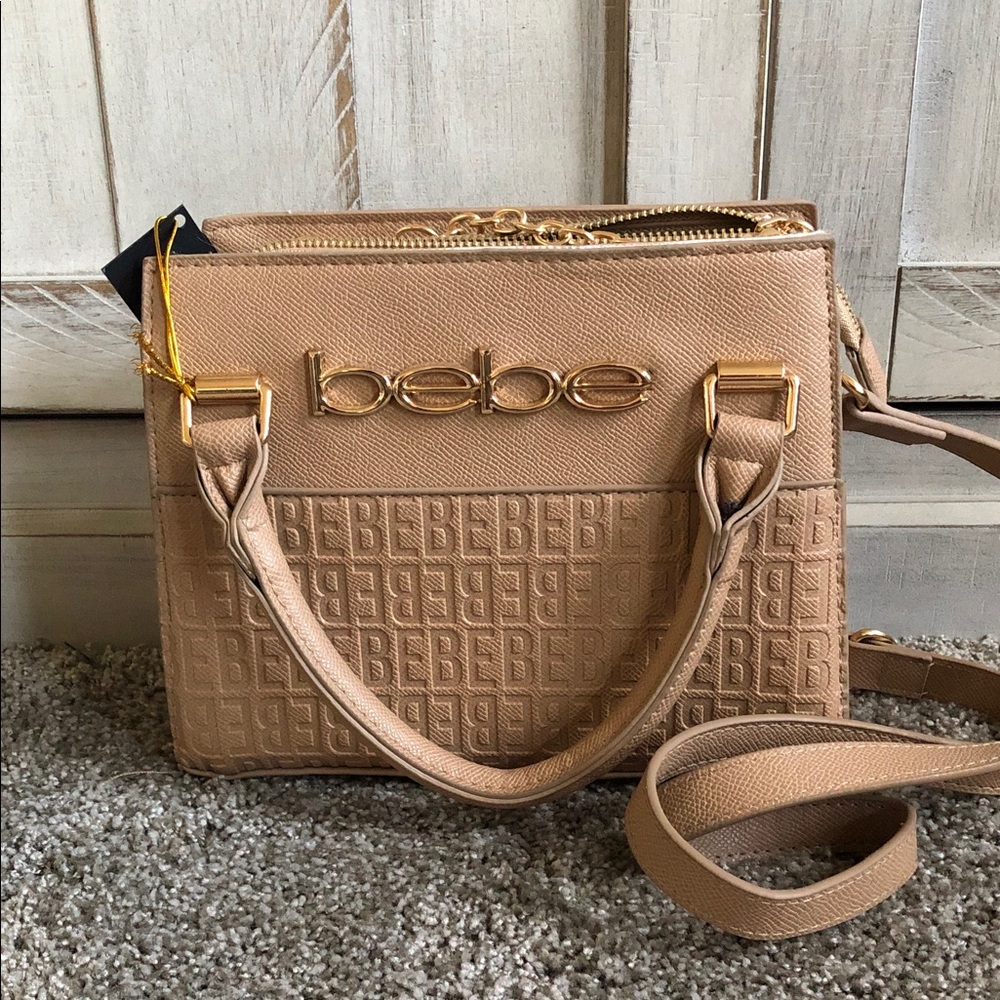 bebe Embossed Logo Zuri Satchel in Tan Almond with Gold Hardware NEW